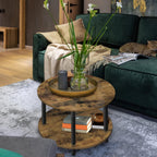 Small Round Coffee Table for Small Space, 23.5" 2-Tier Rustic Brown Wooden Coffee Table with Open Storage for Living Room/Balcony/Office, Metal Legs, Easy to Assemble