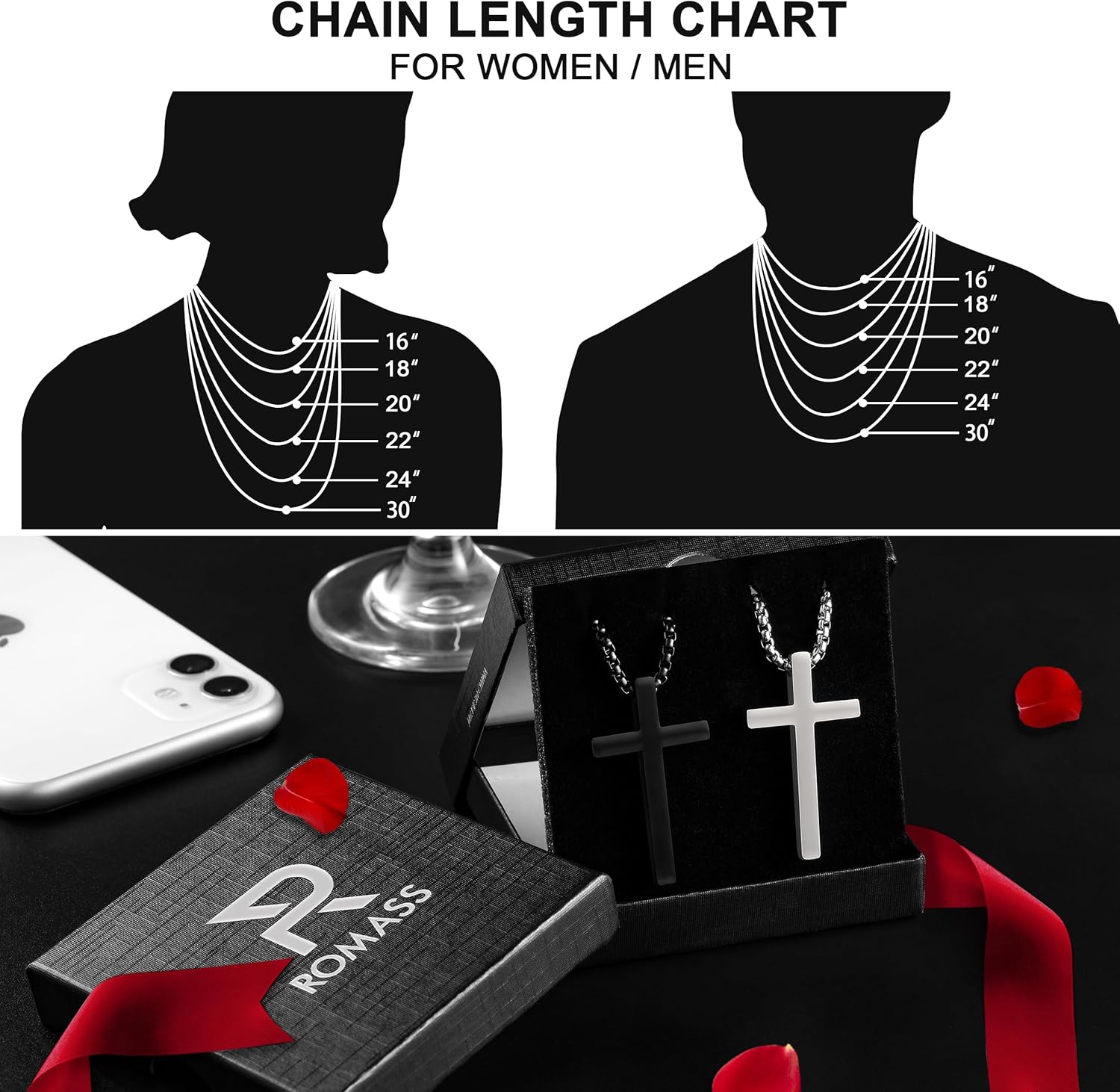 Romass 2 Pcs Cross Necklace for Men,Stainless Steel Pendant Silver Black Crosses Chain Jewelry Gifts Box 16-30 inches