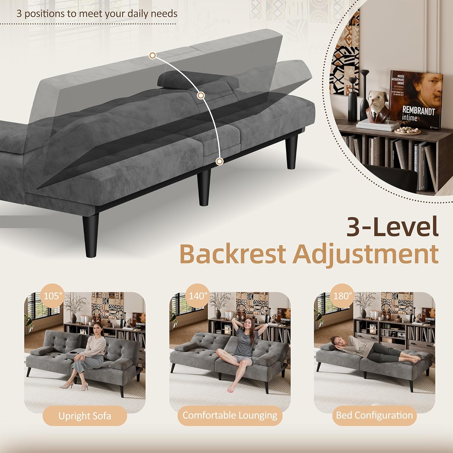 Shintenchi Futon Sofa Bed, Velvet Foldable Couch Reclining Sleeper w/Removable Armrests, Upholstered Loveseat w/Folding Cup Holders for Home, Office, Dark Gray