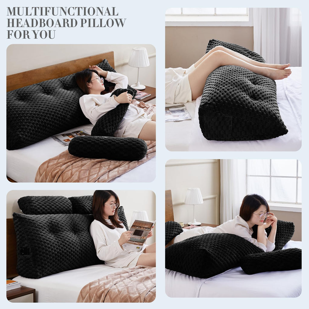 Kilehovedgærde Pude - Seng Kilepude til Hovedgærde Trekantet Hovedgærde Pude med Nakkestøtte Pude-Stor Pøllepude til Sidde i Seng Rygstøtte Positioneringsstøtte (Sort, 76x8x20 Tommer)