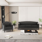 AVZEAR 82" Three Seater Leather Sofa, Chesterfield Sofa, Mid-Century Modern PU Upholstered Sofa Couch, Deep Button Tufted Living Room Sofa with Two Throw Pillows, Black