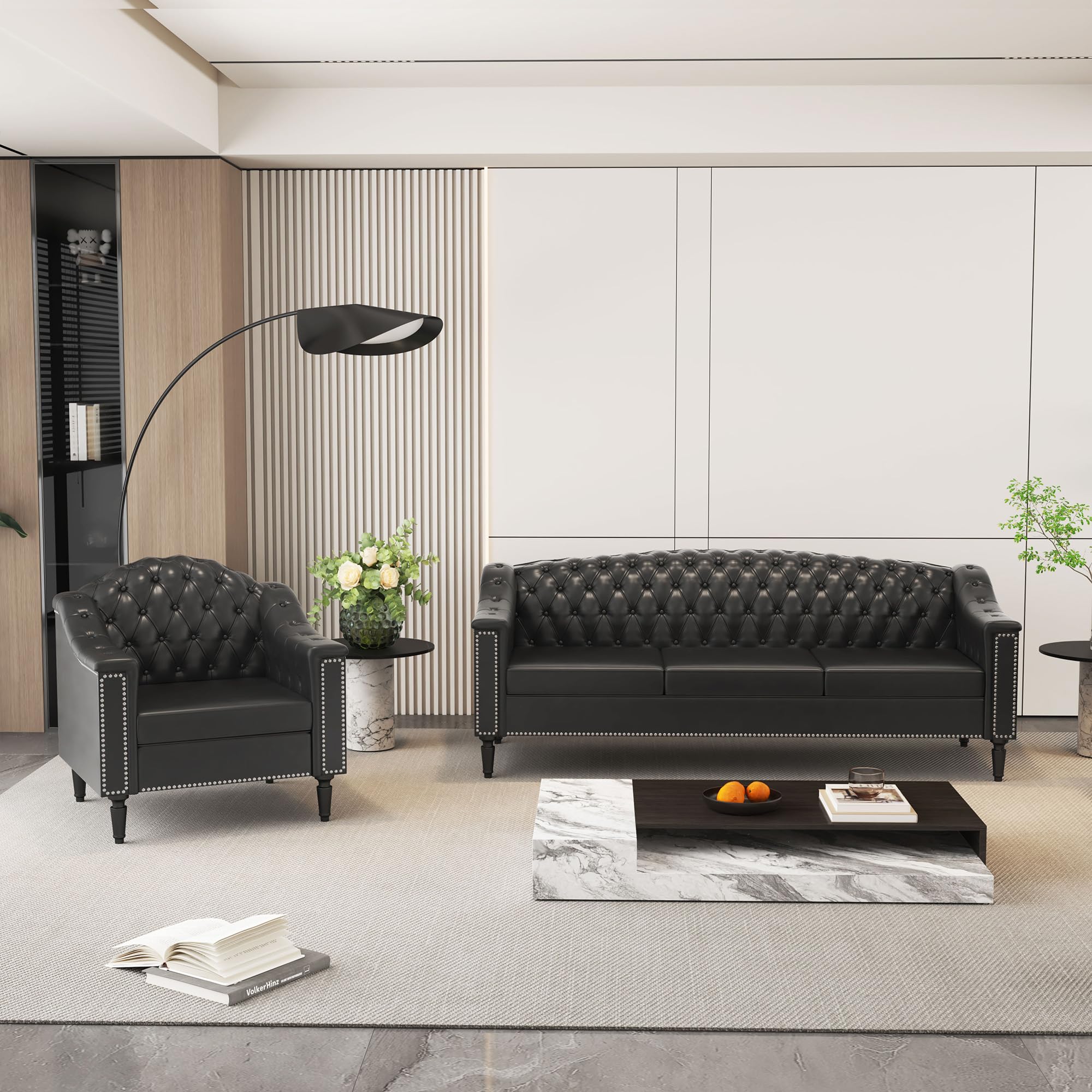 AVZEAR 82" Three Seater Leather Sofa, Chesterfield Sofa, Mid-Century Modern PU Upholstered Sofa Couch, Deep Button Tufted Living Room Sofa with Two Throw Pillows, Black