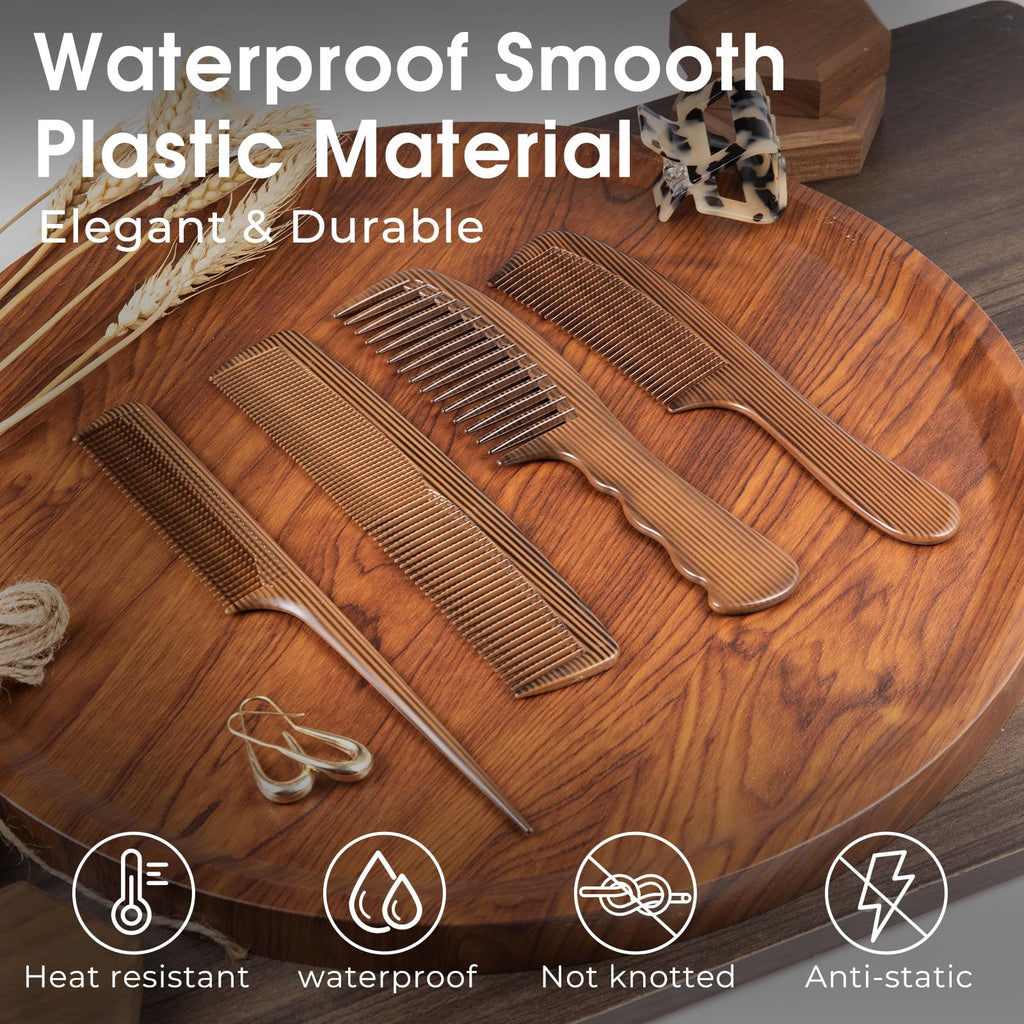 4 Piece Combs with Wooden Grain,Wide tooth Comb,Rat Tail Comb,Beard Combs,Fine Tooth Professional Hair Comb Set for Women,Men Barber Styling/Curly/Teasing/Parting/Mustache