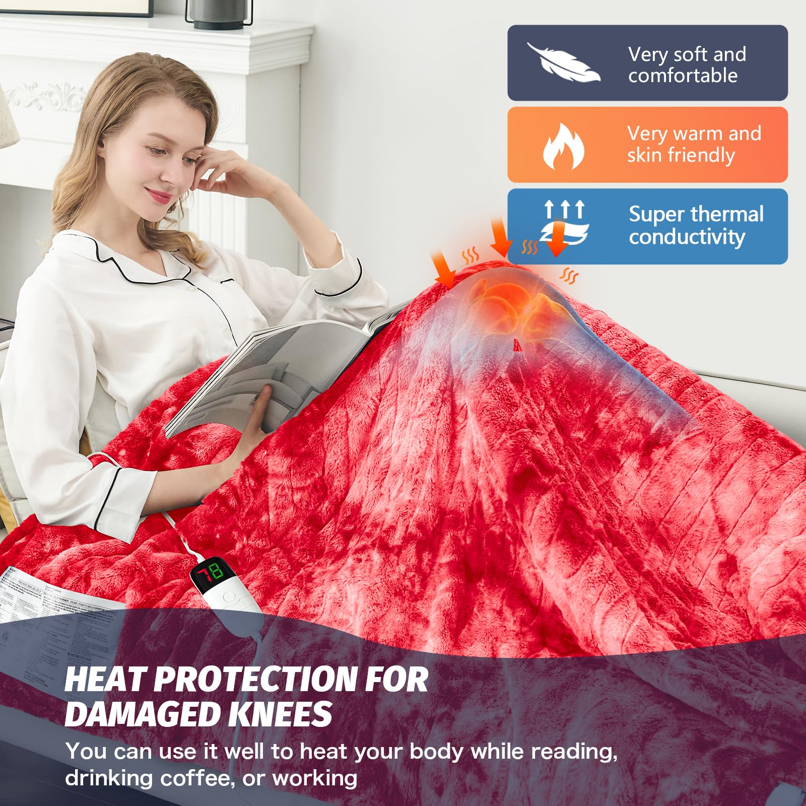 Manta Elétrica Aquecida OCTROT - Manta de Aquecimento em Sherpa de Lã para Sofá, Manta de Aquecimento de Pelo Sintético para Colo com Temporizador de 5 Posições e 10 Níveis de Aquecimento, Certificação ETL&FCC, para Adultos