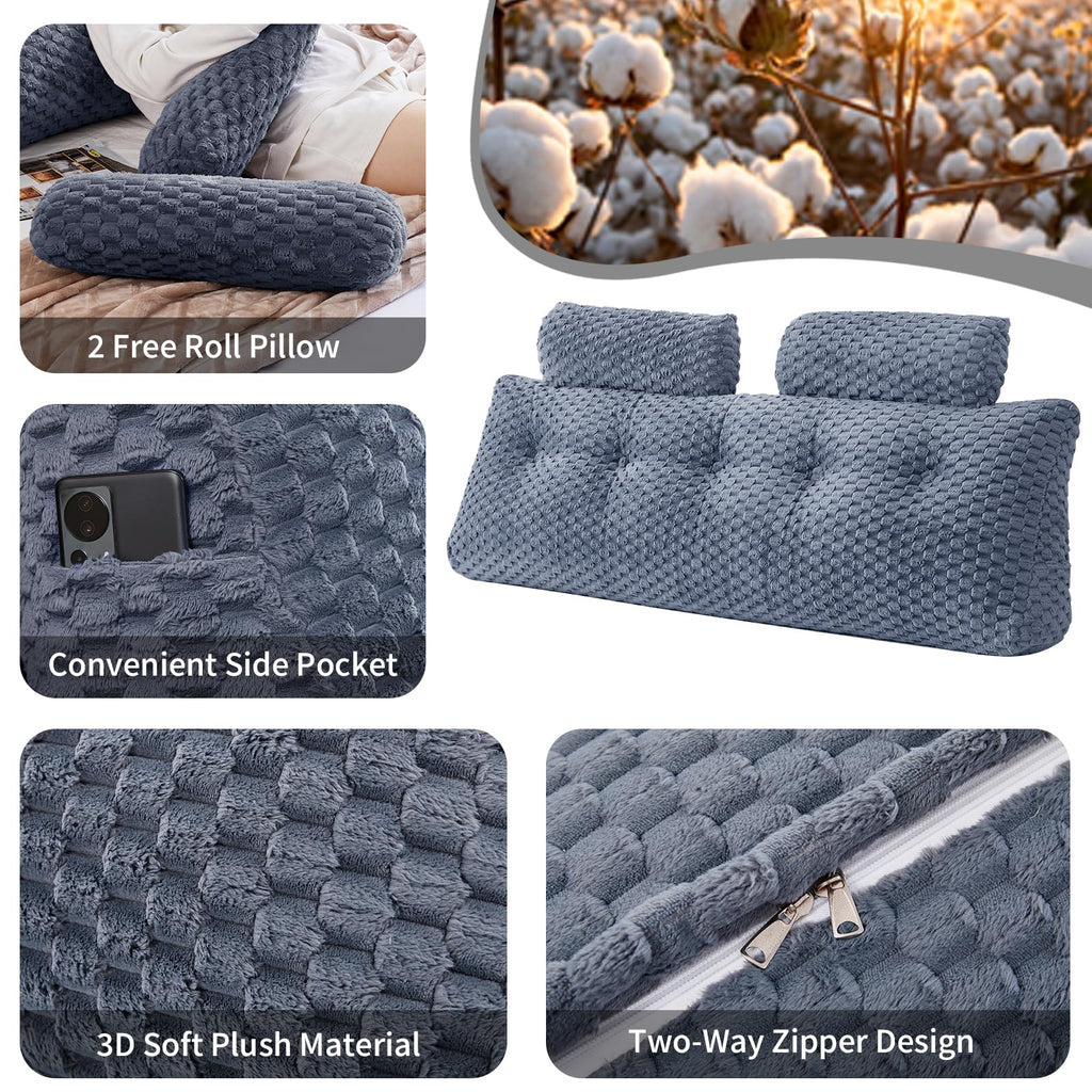 EUHAMS Wedge Headboard Pillow - Bed Wedge Pillow for Headboard Triangular Headboard Pillow with Neck Roll Pillow-Large Bolster for Sitting in Bed Backrest Positioning Support (Grey,59x8x20 Inches) - Grand Goldman