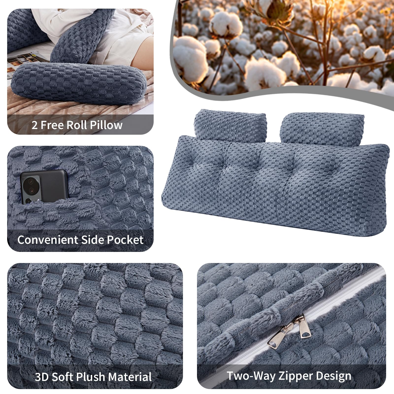 EUHAMS Wedge Headboard Pillow - Bed Wedge Pillow for Headboard Triangular Headboard Pillow with Neck Roll Pillow-Large Bolster for Sitting in Bed Backrest Positioning Support (Grey,59x8x20 Inches) - Grand Goldman