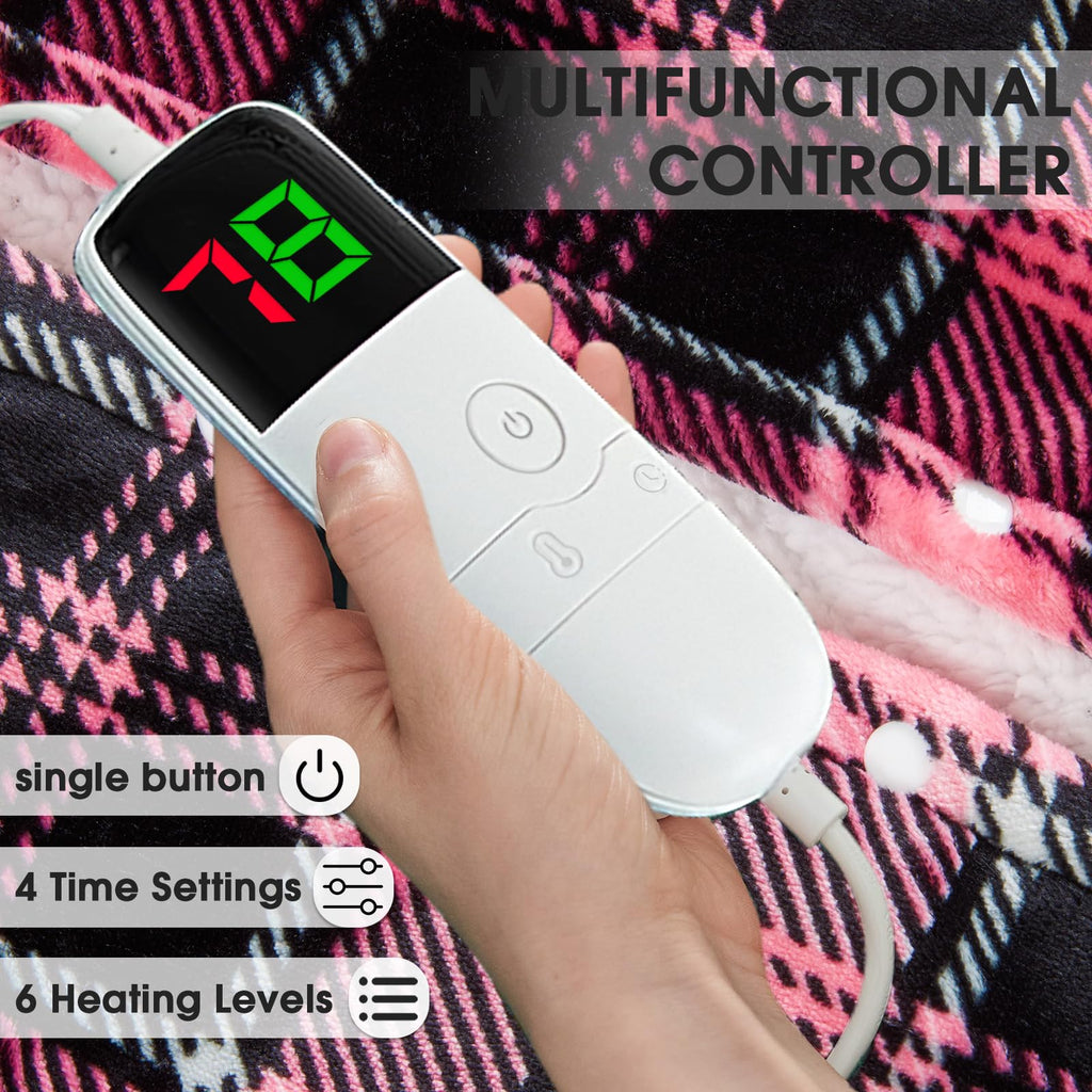 Elektrisch verwarmd deken, 50X60, verwarmingsdeken met 10 verwarmingsniveaus/8 uur automatische uitschakeling, marineblauw geruit Sherpa-dekenverwarmer voor volwassenen, wasbaar deken cadeau voor bank bed kantoor, ETL