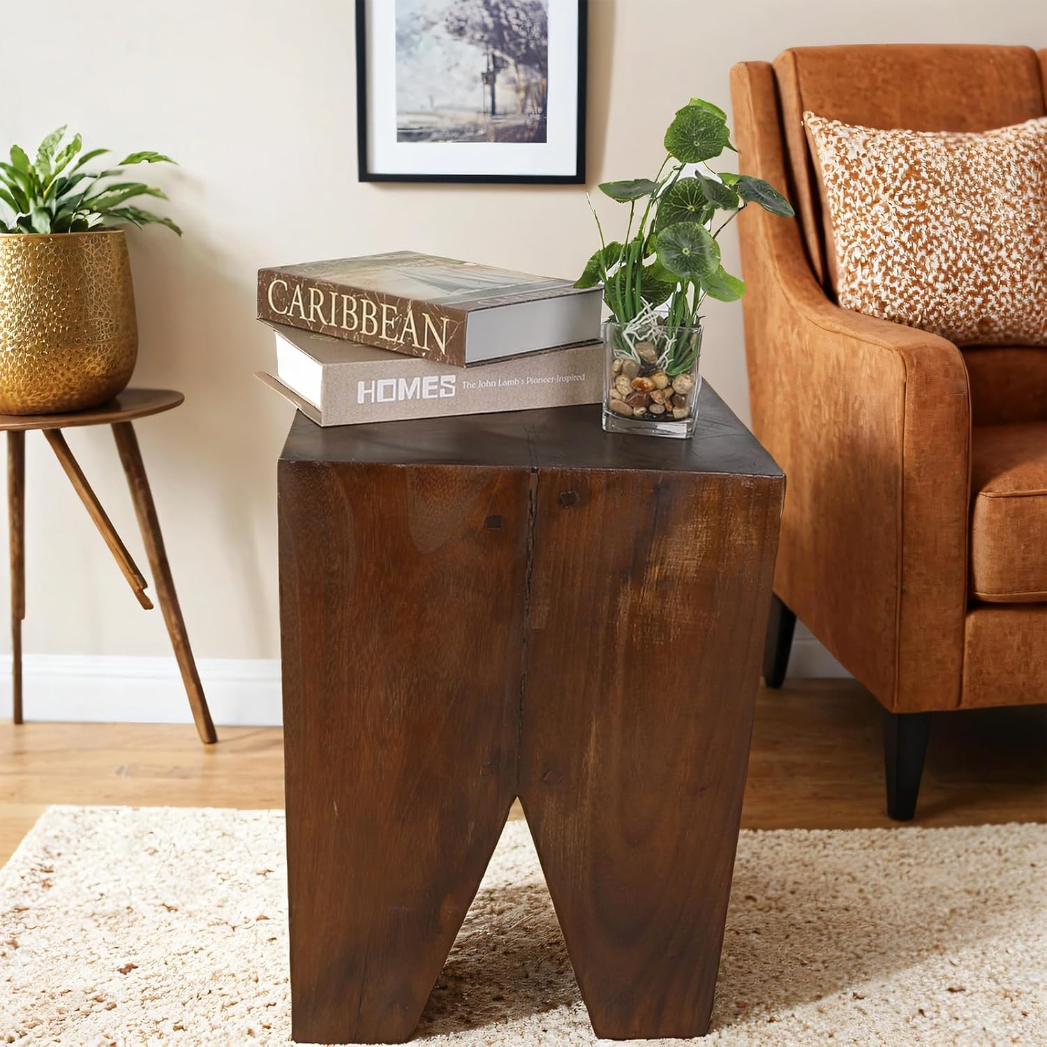 TORMAYS HOME Wooden Side Table Tree Stump End Table Natural Wood Stool Plant Stand Handcrafted Small Nightstand Rustic Accent Table for Sofa Bedside Balcony (Brown)