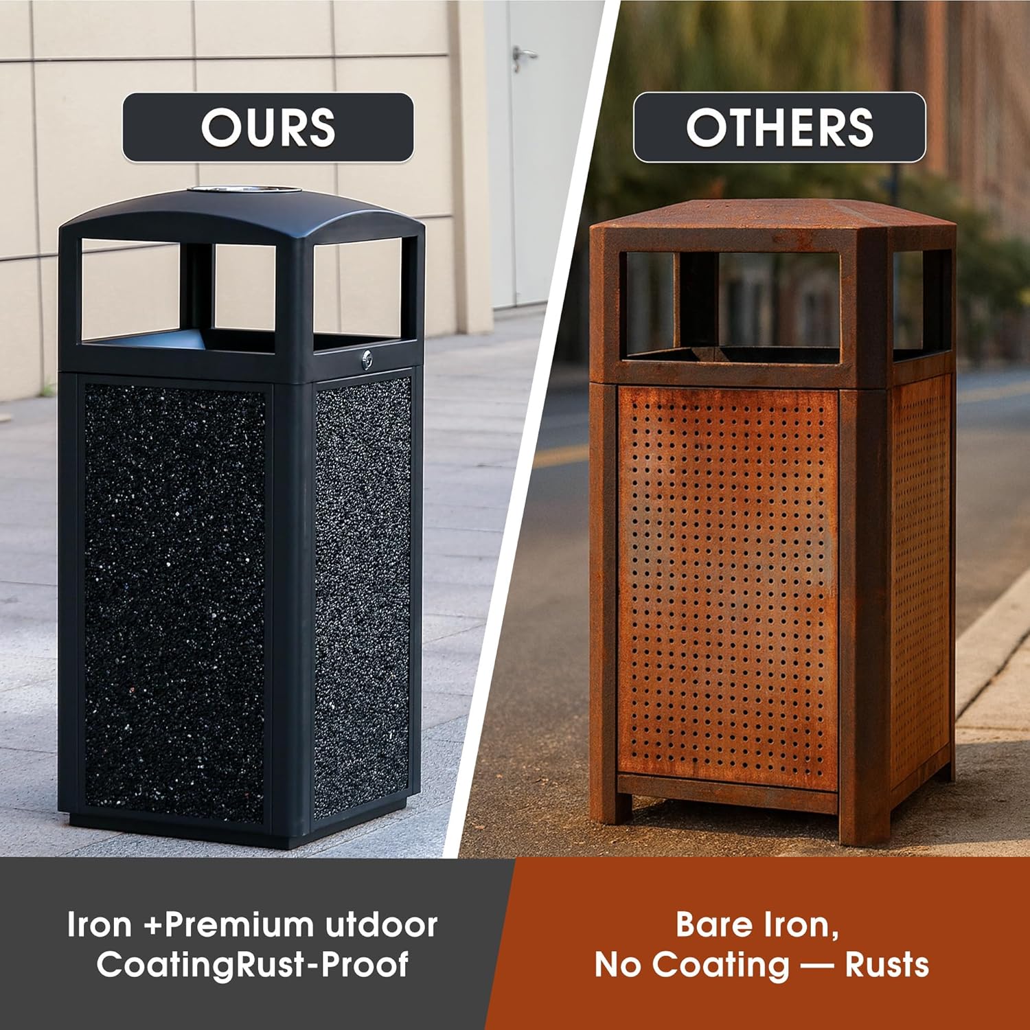 Commercial Metal Outdoor Trash Can with Lid, Lockable Outdoor Garbage Can with Nature Stone Panels, Heavy-Duty Rustproof Trash Bin with Removable Liner for Parks & Public Spaces