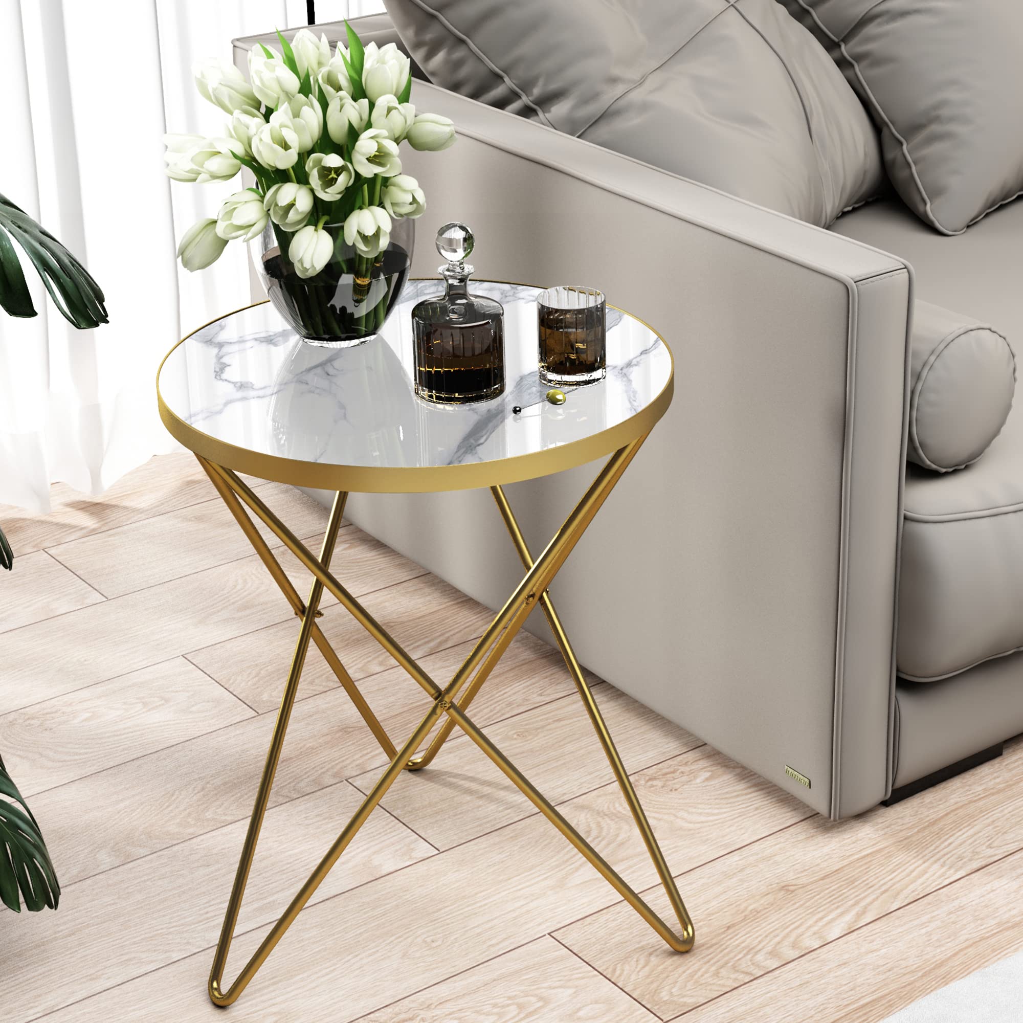 HLR Modern Round Side Table, End Table with Marble Effect Top and Gold Metal Frame, Small Side Table for Living Room, Bedroom, Sofa and Couch, Gold Legs, Green Marble top