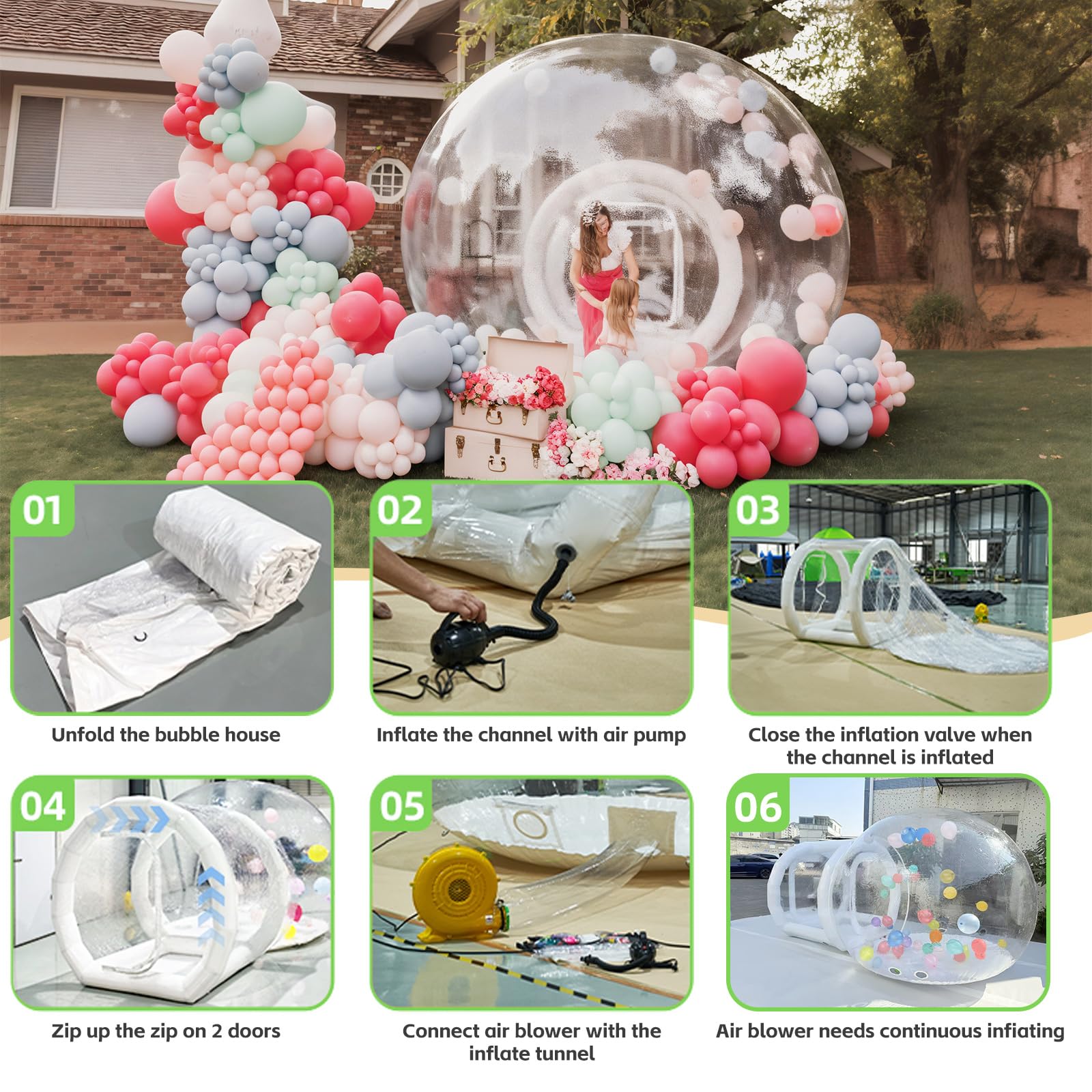 Aufblasbares Bubble-Haus für Kinder und Erwachsene, 10FT Bubble Bounce Ballonhaus, aufblasbare Ballonkuppel mit 6' langem Tunnel und doppelten Luftgebläsen für Party, Hochzeit, Geburtstag, Urlaub im Freien