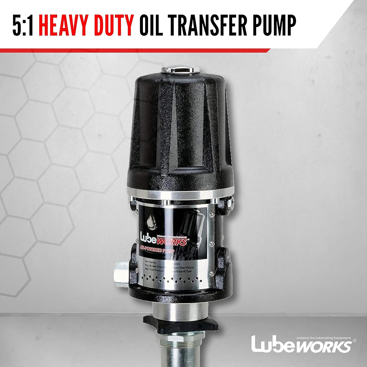 Oil Transfer Pump Air Operated Pneumatic 40lpm / 10.6gpm Heavy Duty 5:1 High Fluid Pressure 870Psi for SAE240 Oils/Fluids (NOT for Gasoline or Diesel)