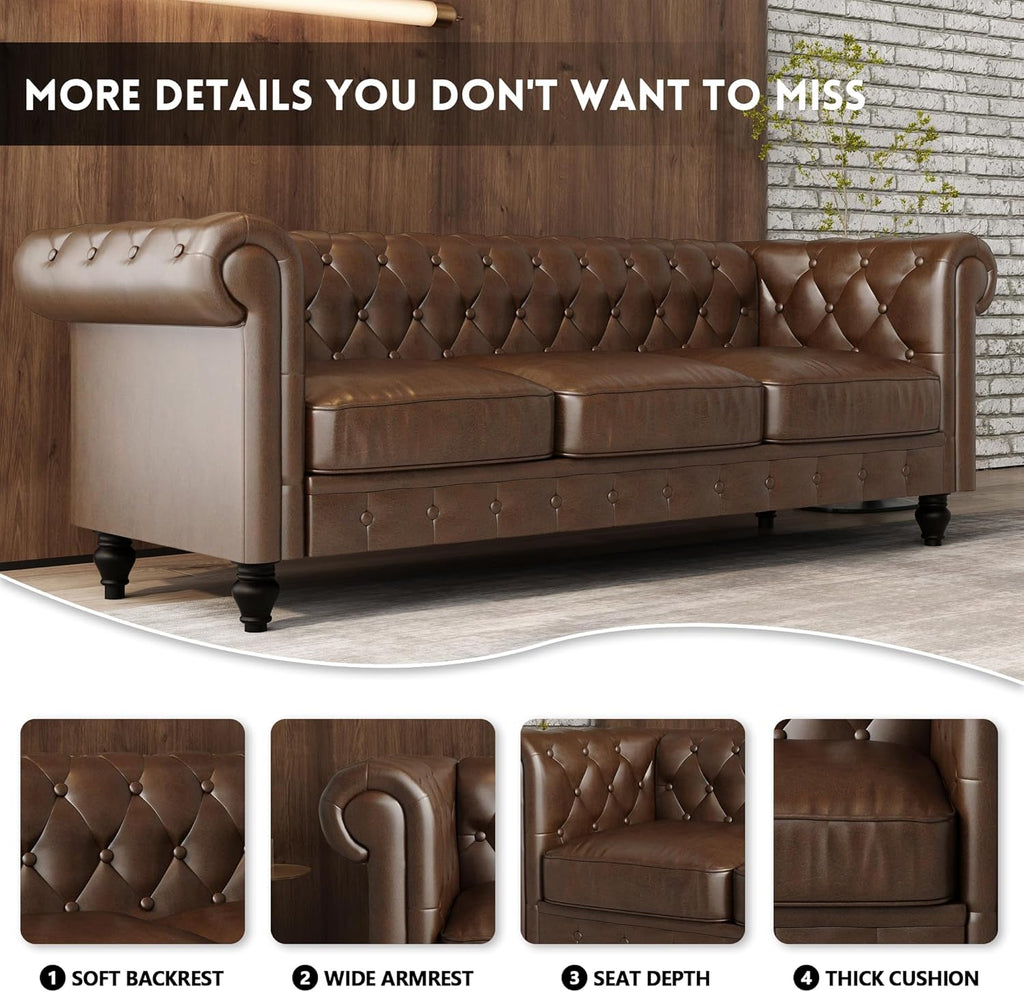 Leather Brown Sofa for Living Room Chesterfield 3 Seater Couch Sofa Comfortable Soft Sturdy Durable Furniture for Office Bedroom Apartment Hotel Place (03-Brown-80)