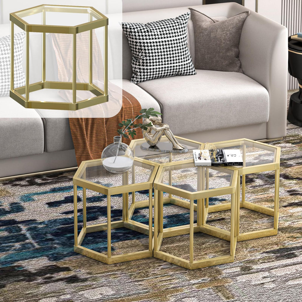 Gold Glass Coffee Table Modern Glass Center Table, Hexagon Free Combination Coffee Table Small End Tables for Living Room Set of 3