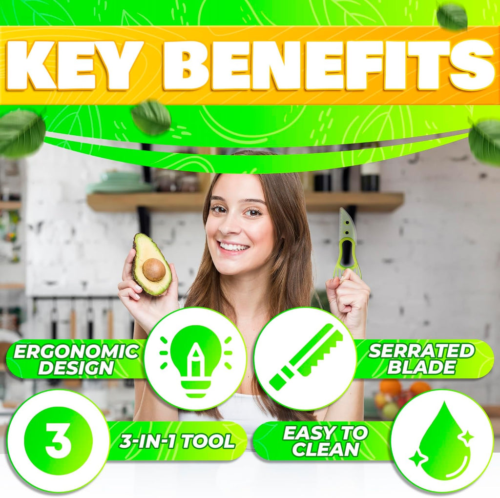 Avocado Slicer Tool 3 in 1 – Food-Grade Plastic Cutter, Peeler & Pit Remover for Easy Slicing, Scooping & Quick Food Prep – Easy to Use Avocado Peeler Tool | Durable Ergonomic Design Kitchen Gadget