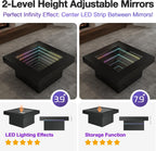 FKWin Black Modern Coffee Tables - Endless Depth Mirror Square Coffee Table with LED Lights, Black Table for Living Room, Tempered Glass-Top Center Tables, 31"