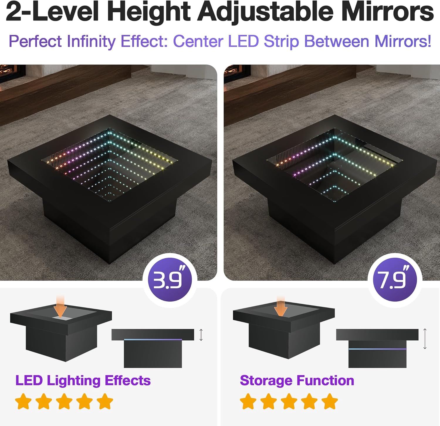 FKWin Black Modern Coffee Tables - Endless Depth Mirror Square Coffee Table with LED Lights, Black Table for Living Room, Tempered Glass-Top Center Tables, 31"