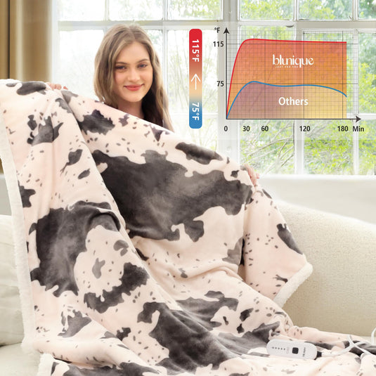 Heated Throw Blanket Electric Blanket - Heating Blanket Throw with 5 Heat Levels & 4 Hours Auto-Off, Cozy Soft Fleece Sherpa Blanket, Washable, Fast Heating, 50 x 60 Inches, Cow Print