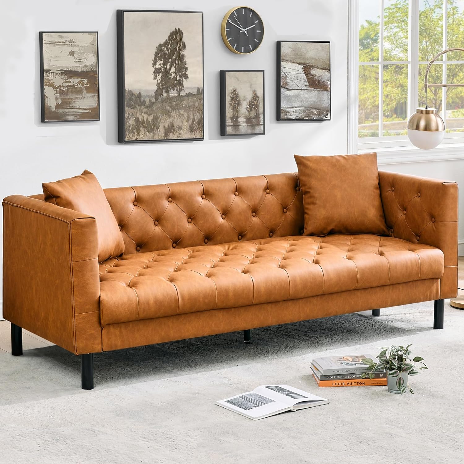 81 Inch Leather Couch for Living Room, Modern Leather Sofa with Deep Seat, Handmade Button Tufted 3 Seater Sofa, Chesterfield Couch for Apartment, Office, Cognac Tan