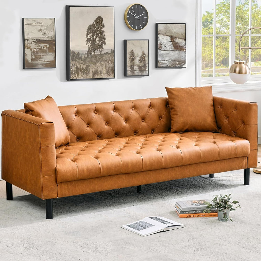 81 Inch Leather Couch for Living Room, Modern Leather Sofa with Deep Seat, Handmade Button Tufted 3 Seater Sofa, Chesterfield Couch for Apartment, Office, Cognac Tan