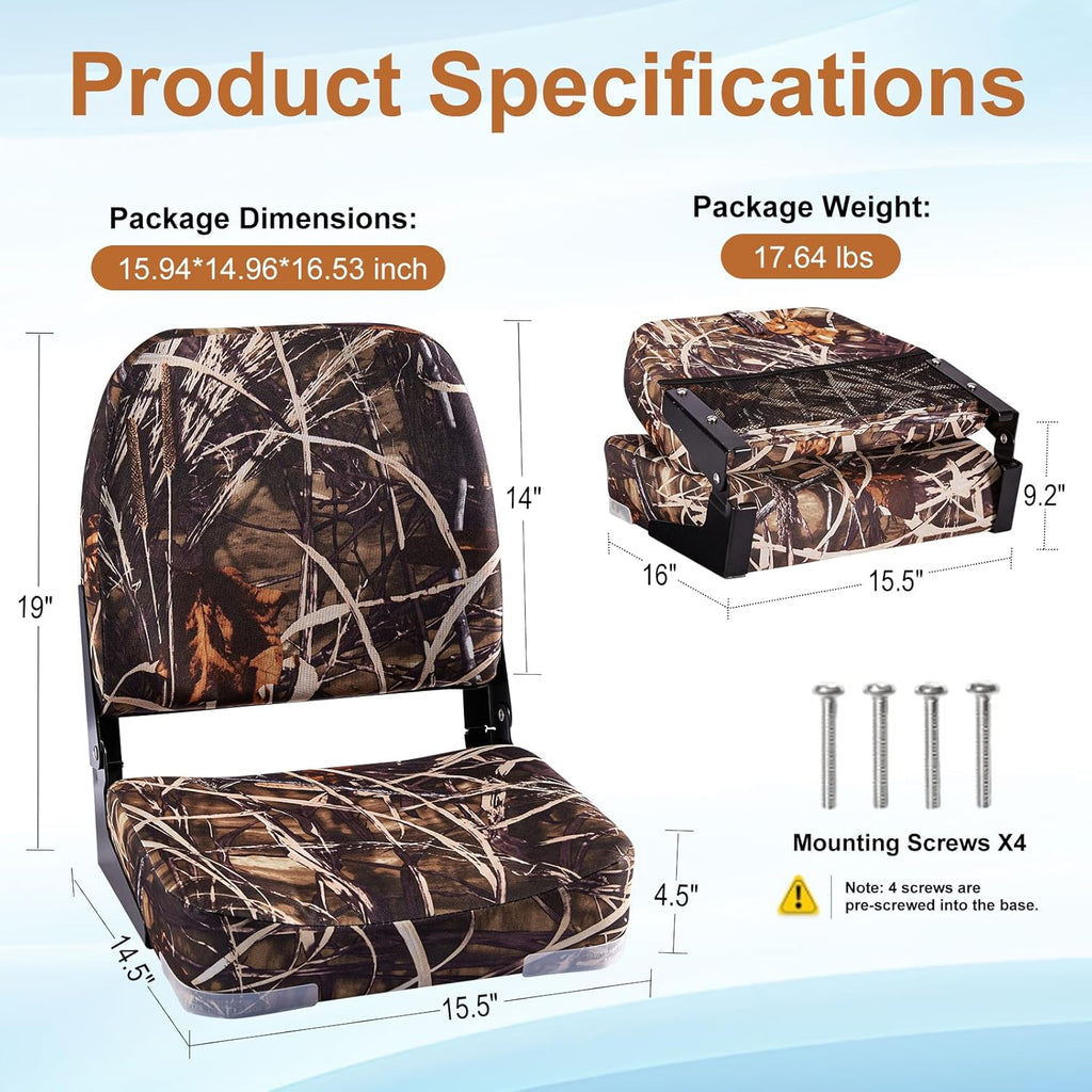 Low Back Folding Boat Seat 2pack, Fold-Down Fishing Boat Seat Camo