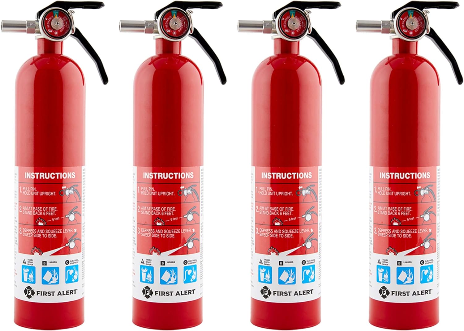 First Alert Fire Extinguisher for Home, Standard Rechargeable Compliance Unit, UL RATED 1-A:10-B:C, HOME1-4, Red, 4-Pack