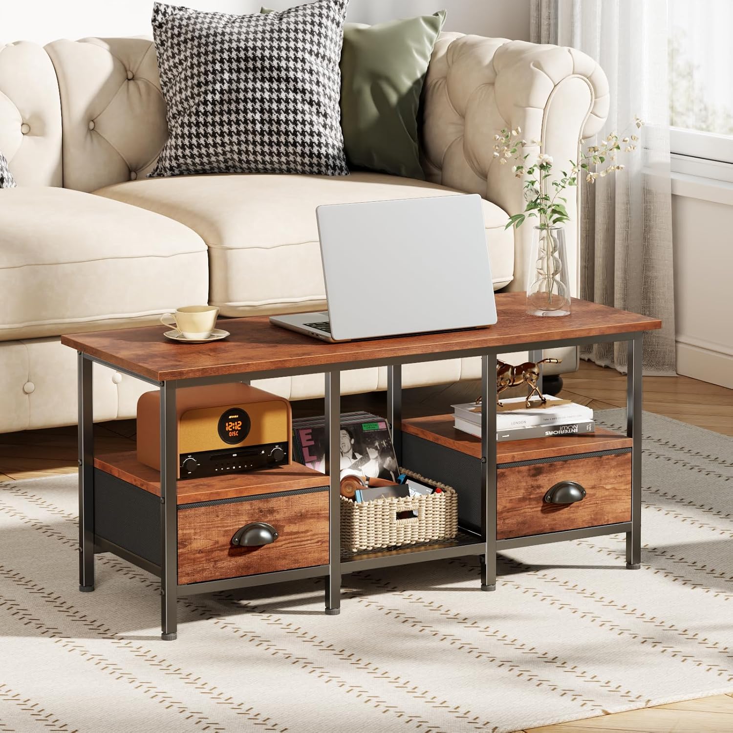 Furologee Coffee Table with 2 Fabric Drawers, 35inch Small Coffee Table for Living Room, 2-Tier Central Table with Storage Shelves for Home Office, Rustic Brown