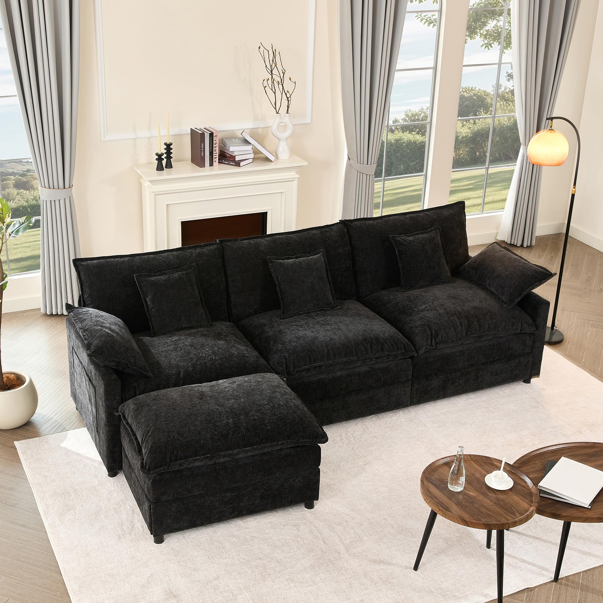 108" U Shaped Couch, Modular Sectional Sofa, 3-Seater Comfy Cloud Couch with Movable Ottoman, Deep Seat Couches for Living Room, Chenille, Black