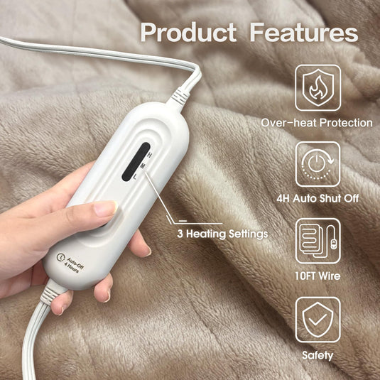 Tefici Electric Heated Blanket Throw, Super Cozy Soft 2-Layer Flannel 50" x 60" Heated Throw with 3 Heating Levels & 4 Hours Auto Off, Machine Washable, ETL&FCC Certified, Home Office Use,Camel