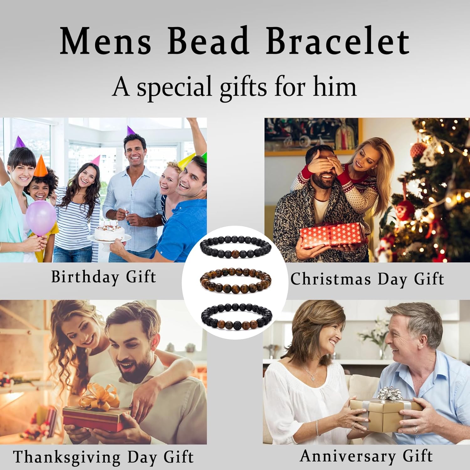 RANKEEF Mens Bead Bracelet Set - Adjustable Elastic Rope With 6&8MM Natural Stone Multi-Colored Beads - Tiger Eye Bracelets for Men - Gift