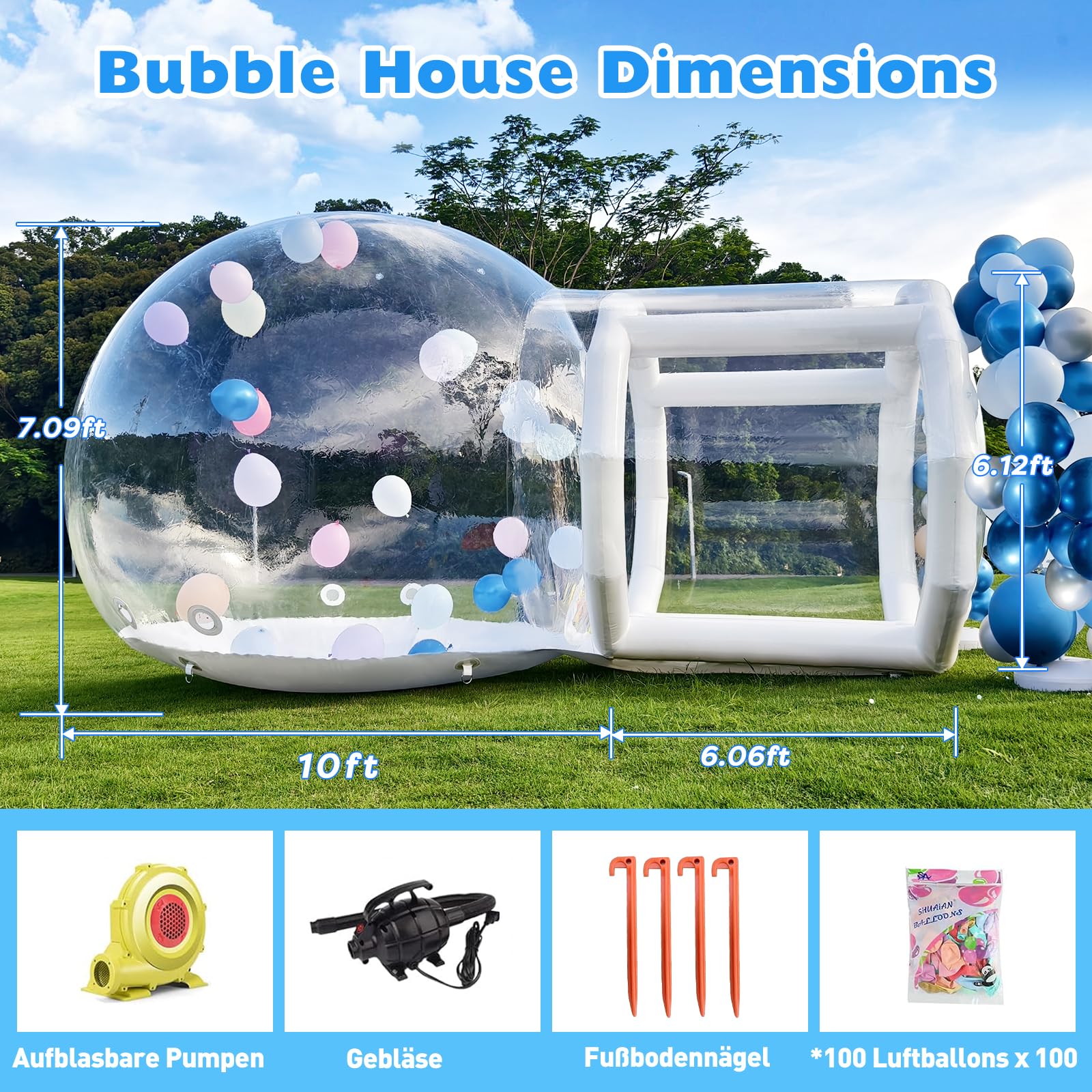 8FT Inflatable Bubble House for Kids, Clear PVC Bubble Balloon House with Tunnel, Air Blower, 600W Air Pump Transparent Bubble House Dome Inflatable for Party, Yard Decoration