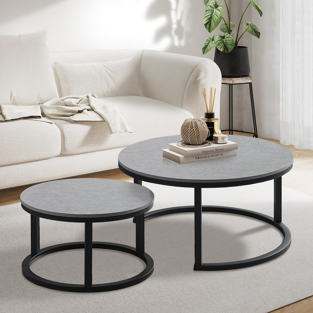 Jerry & Maggie Ø 27.5" Modern Nesting Coffee Table Set of 2, Round Glass Coffee Table & Side Table with Drawer, Tempered Glass & Leather Upholstery, Coffee Tables for Living Room, Small Space Friendly