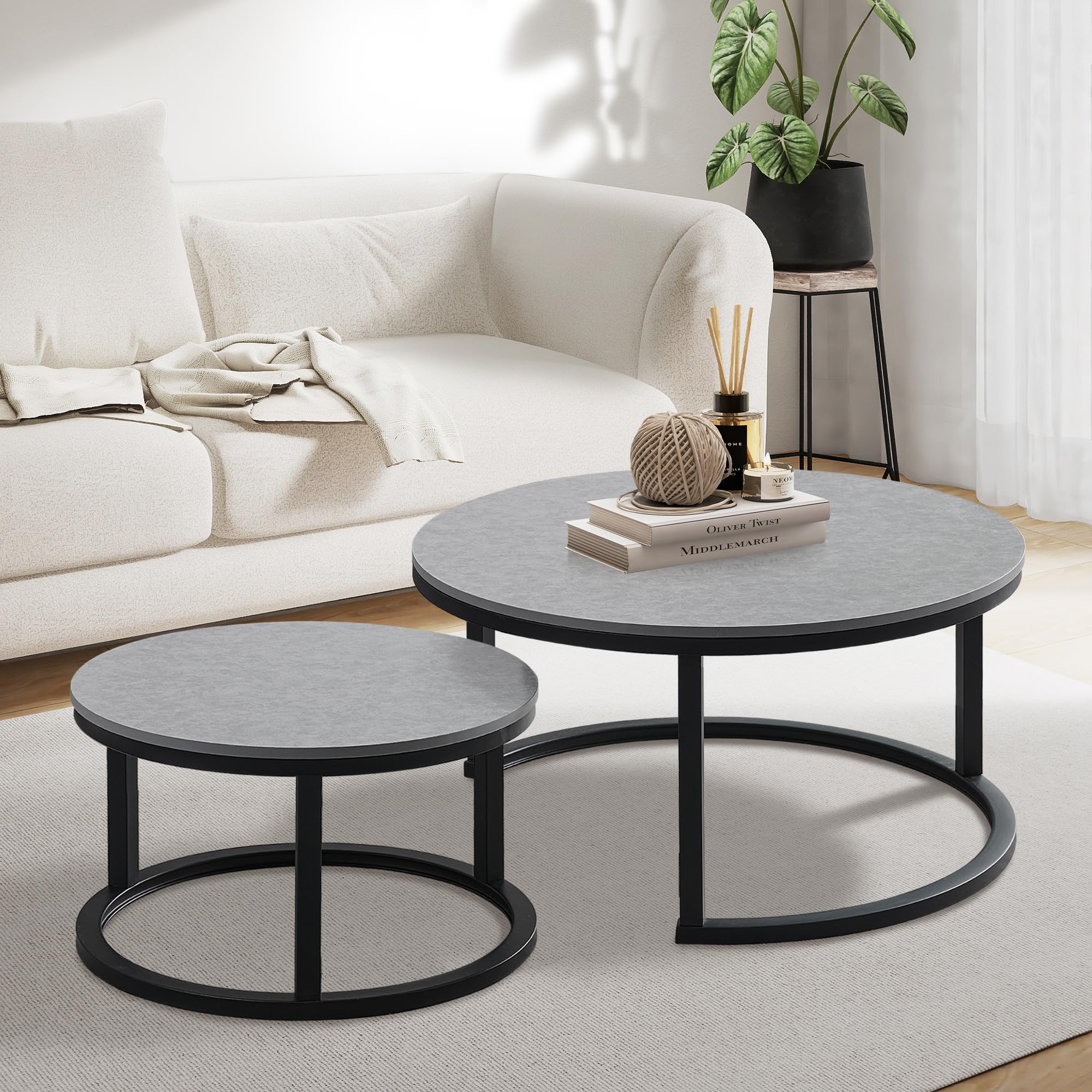 Jerry & Maggie Ø 27.5" Modern Nesting Coffee Table Set of 2, Round Glass Coffee Table & Side Table with Drawer, Tempered Glass & Leather Upholstery, Coffee Tables for Living Room, Small Space Friendly