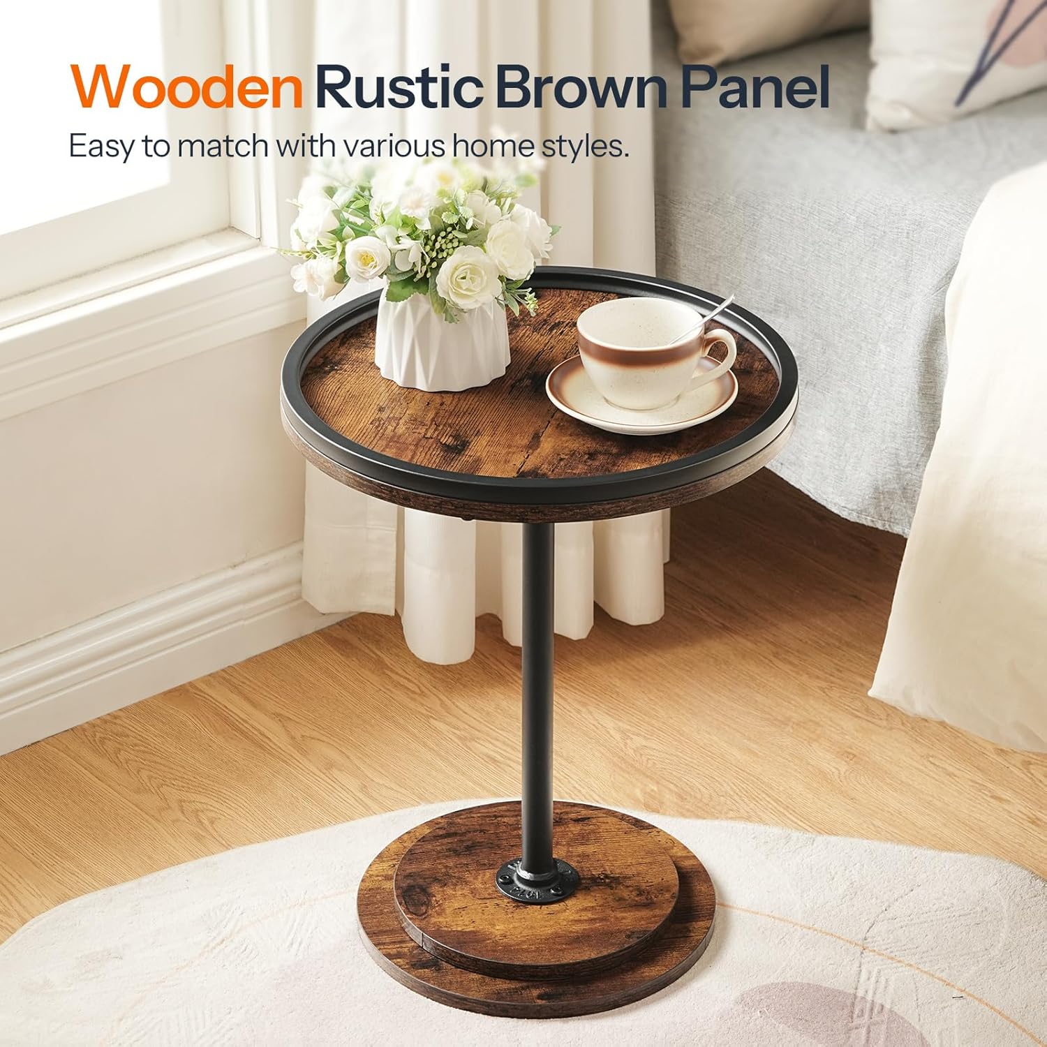 HOOBRO Small Coffee Table Set of 2, Round Coffee Side Table with Wooden Pedestal, Modern Accent End Tables for Living Room, Bedroom, Rustic Brown BF170BZ01