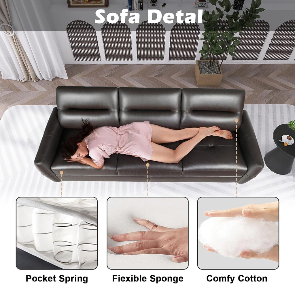 STHOUYN 85” Faux Leather Sofa Brown Leather Couch with USB, Mid Century Modern 3 Seater Couches Sofas Living Room Apartment, Large Office Sofa Couch, Stain Resistant & 3 Tufted Cushion (Brown)