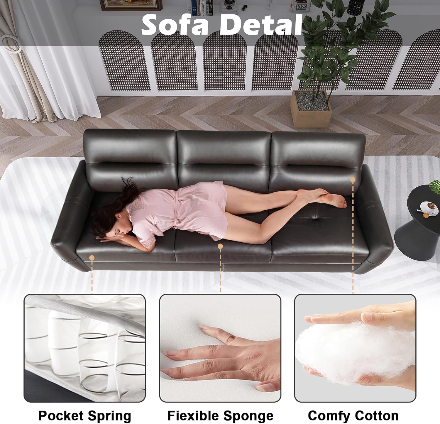 STHOUYN 85” Faux Leather Sofa Brown Leather Couch with USB, Mid Century Modern 3 Seater Couches Sofas Living Room Apartment, Large Office Sofa Couch, Stain Resistant & 3 Tufted Cushion (Brown)