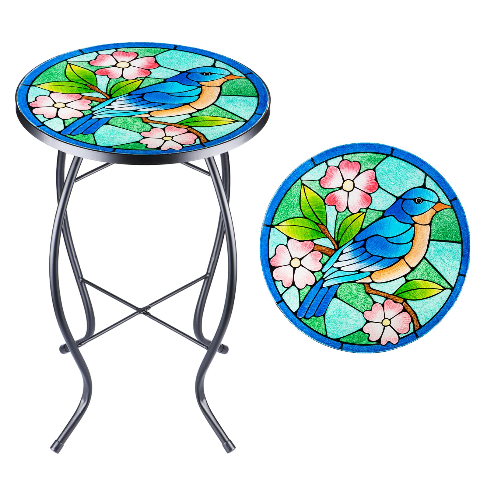 VCUTEKA Patio Side Table Outdoor Accent Table Bistro Coffee Table Plant End Table Small Porch Table Indoor Round Glass Balcony Plant Table Stands Peacock