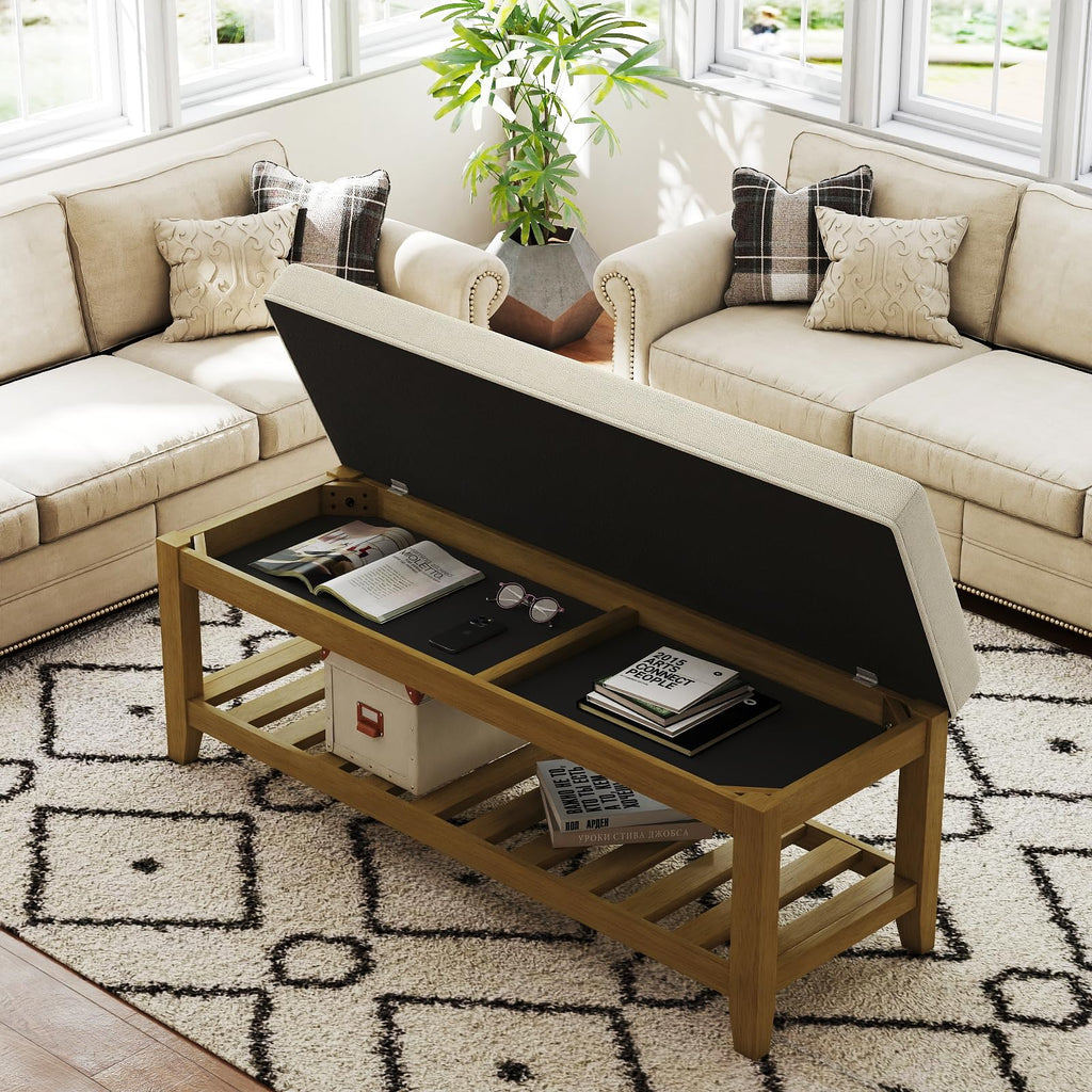 Large Square Ottoman Coffee Table, Linen Solid Upholstered Footrest Ottoman with Solid Wood Shelf Storage Tufted Coffee Table for Bedroom Living Room-Ivory