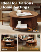 Round Lift Top Coffee Table with Storage, Mid Century Modern Center Table with 180° Sliding Tambour Door, Small Circle Wood Fluted Dining Table for Living Room, Walnut