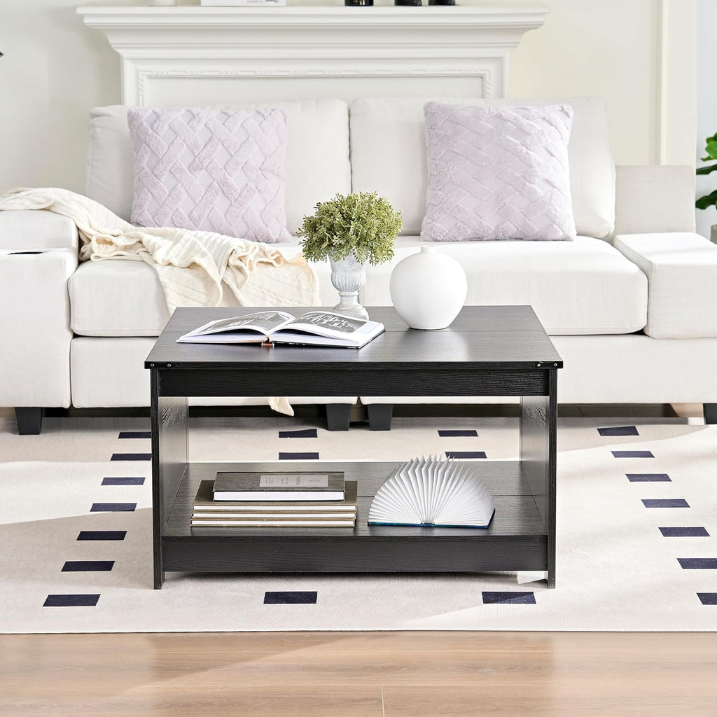 Farmhouse Coffee Table for Living Room, Wood Square Coffee Tables, 31.5" W x 31.5" D, Black