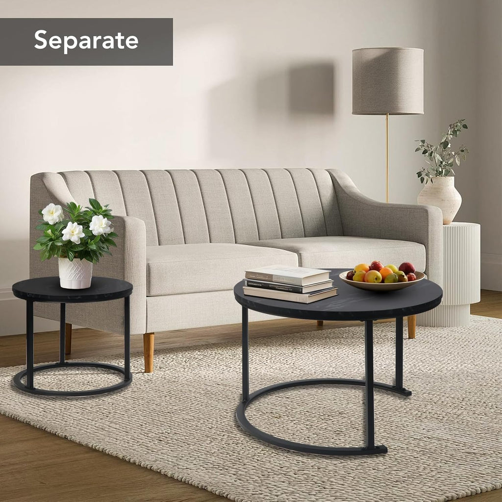 EUROSAKURA Nesting Round Small Coffee Table Place 2 Sets for Living Room Bedroom Apartment Small Rounder Coffee Table Sturdy Stacking Side Tables,Easy Assembly(Black)