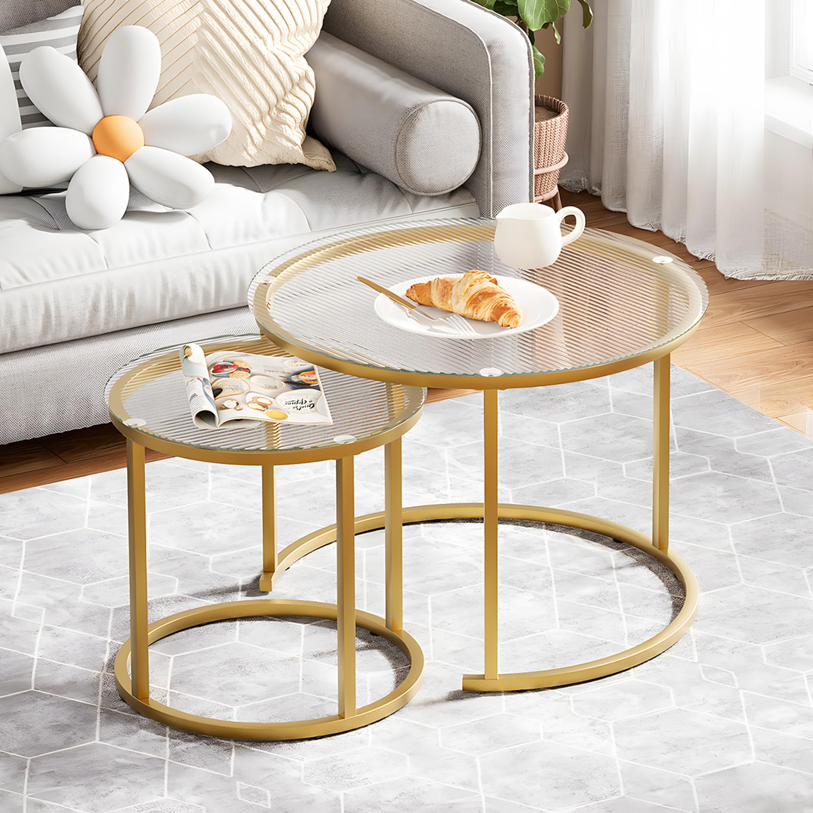 aboxoo Coffee Table Nesting White Set of 2 Side Set Golden Frame Circular Round and Marble Pattern Wooden Tables, Living Room Bedroom Apartment Modern Industrial Simple Nightstand