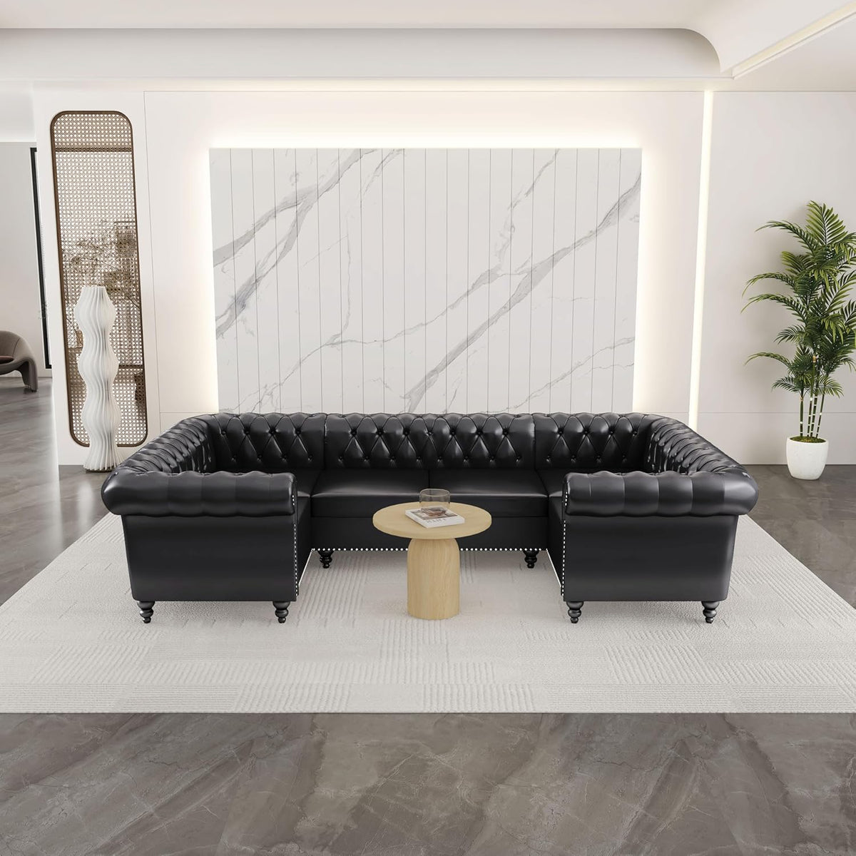 AVZEAR 3 Pieces Sectional U-Shaped Sofa, Leather Modular Sectional Couches Chesterfield Sofa Set, Modern Living Room Furniture Sets Upholstered Couch Set for Living Room, Office and Apartment, Black