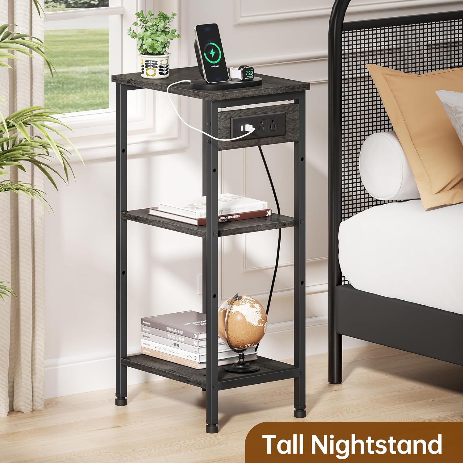Tall End Table with Charging Station, 3 Tier Narrow Beside Table with Adjustable Shelf, Tall Gray Side Table Nightstand for Bedroom, Living Room Coffe Table, Office, Charcoal Grey