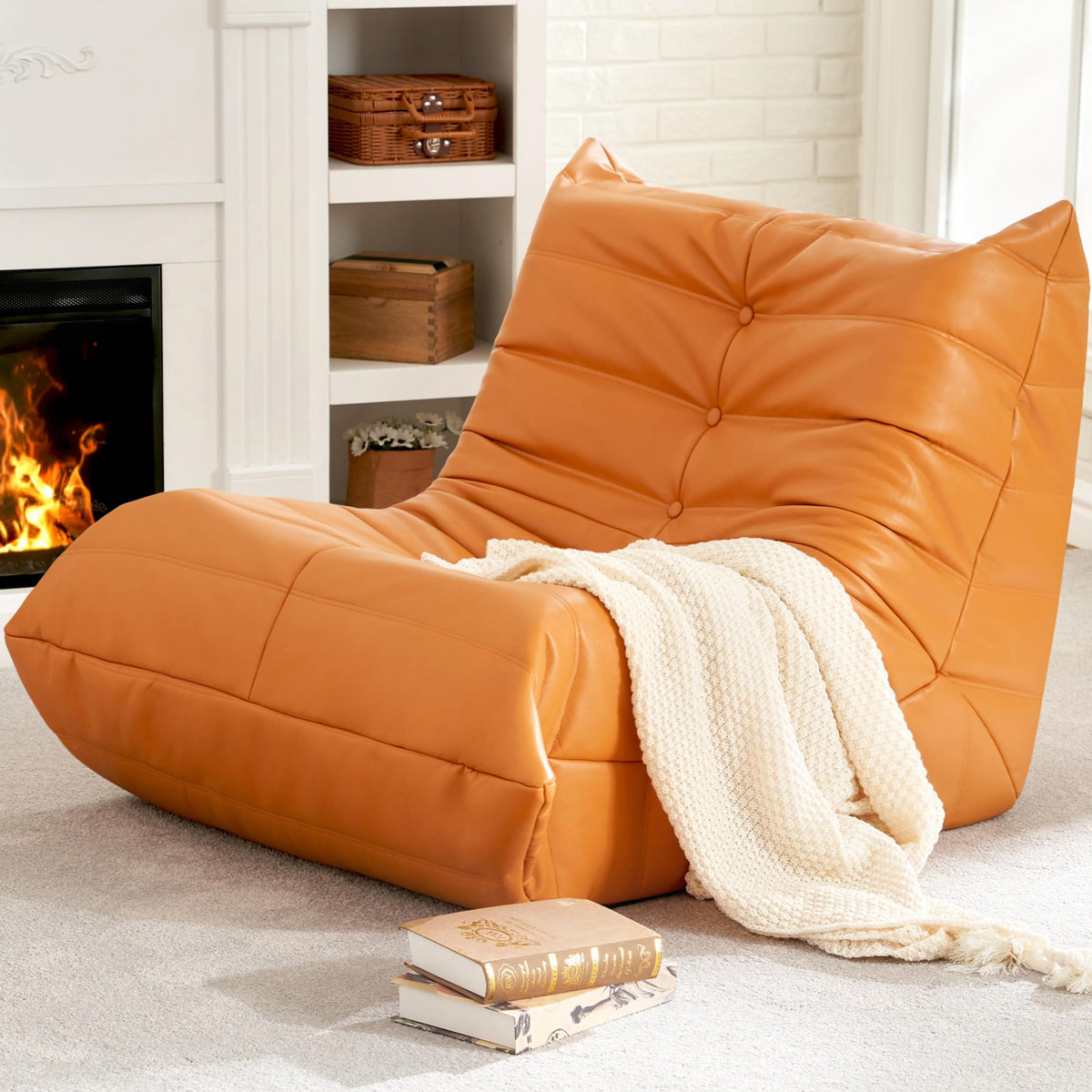 Hobestluk Bælgpose Stol Kæmpe Bælgpose Sofa Memory Foam Bælgpose Sofaer til Voksne, Læder Bælgpose Stole til Stue Soveværelse Kollegieværelse Kontor (Orange)