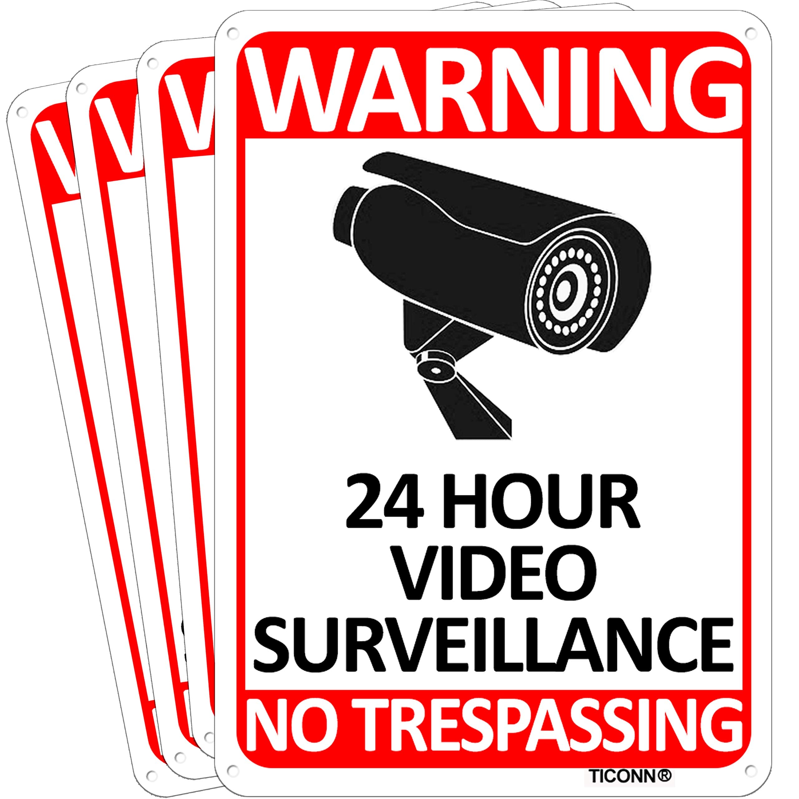 TICONN 2-Pack 24 Hour Video Surveillance Sign, No Trespassing Aluminum Warning Sign, 10’’x7’’ for CCTV Security Camera - Reflective, UV Protected