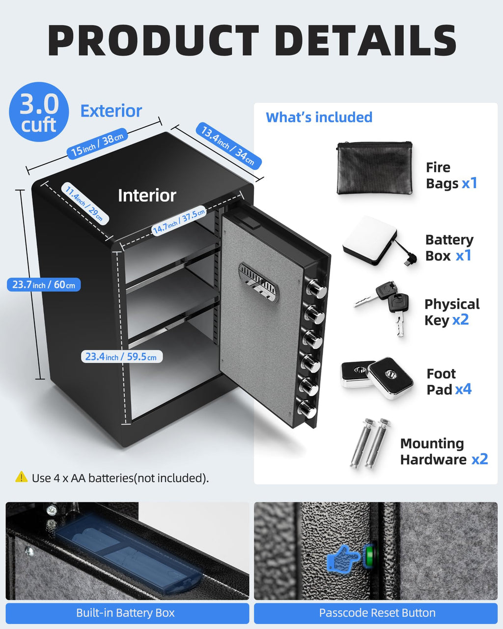 DAYI Safe Box, 3.0 Cubic Feet Home Safes with Fireproof Waterproof Bag, Security Safe for Money Cash Documents, Digital Keypad, Dual Alarm System, Removable Shelf - D-60