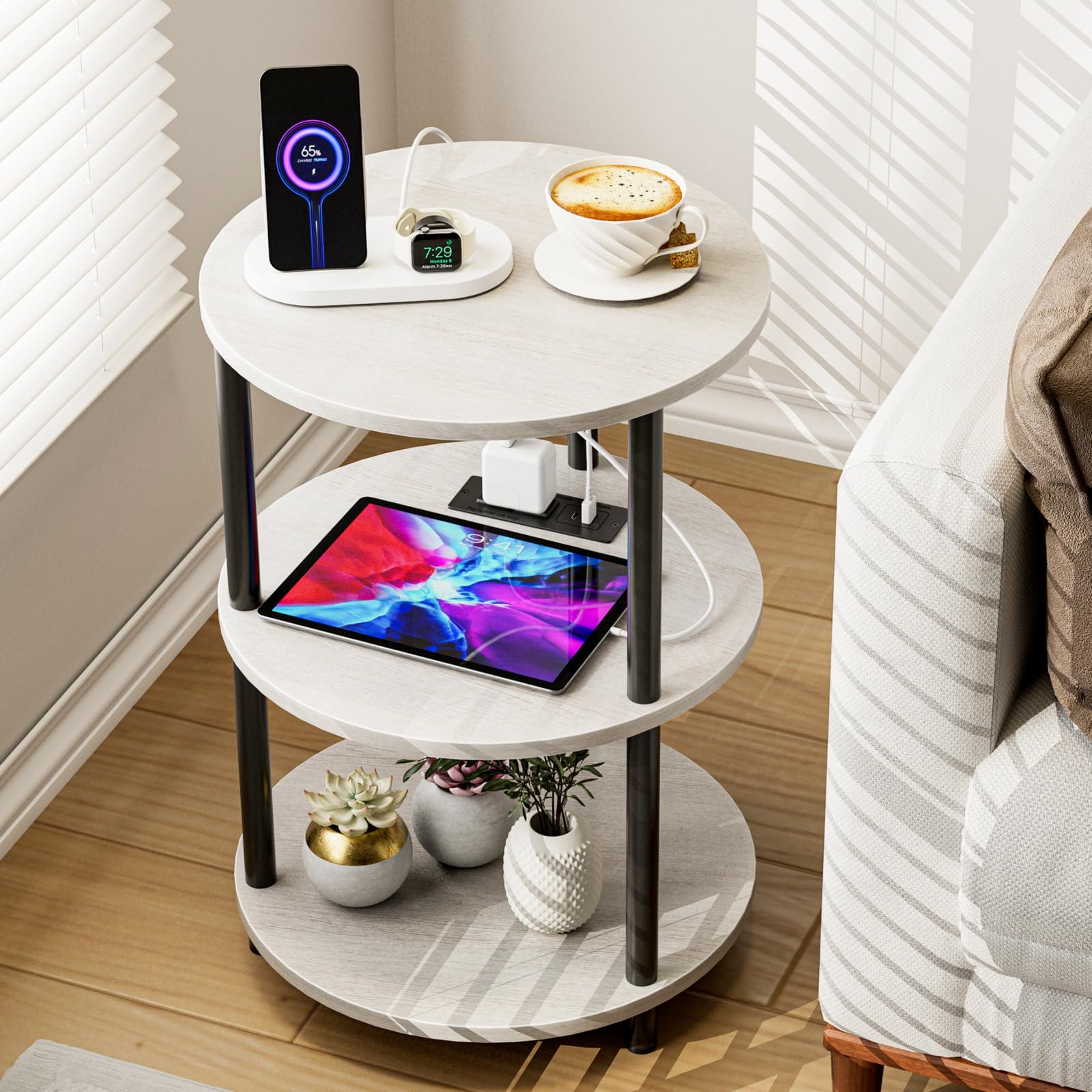 Small Round End Table - 3 Tier Design Accent Table, Narrow Side or Bedside Stand, Industrial Vintage Nightstand for Bedroom, Living Room, or Small Spaces, Rustic Brown