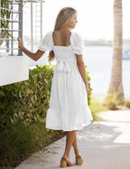 MEROKEETY Women's 2023 White Dress Summer Square Neck Puff Sleeve Boho Midi Dress Swiss Dot Ruffle Flowy Tie Back Dress, White, S