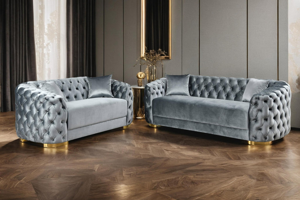 THSUPER 89'' Luxury Velvet Chesterfield Couch, 3 Seater Vintage Button Tufted Victorian Sofa with Wide Armrest, Grey Modern Sofas with 2 Pillows and Gold Metal Legs for Living Room,Office, Hotel